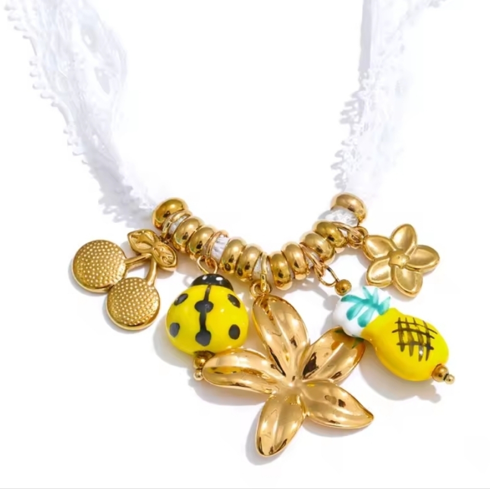 Sunshine Garden Charm Lace Cord Necklace • Gold Plated • NWOT